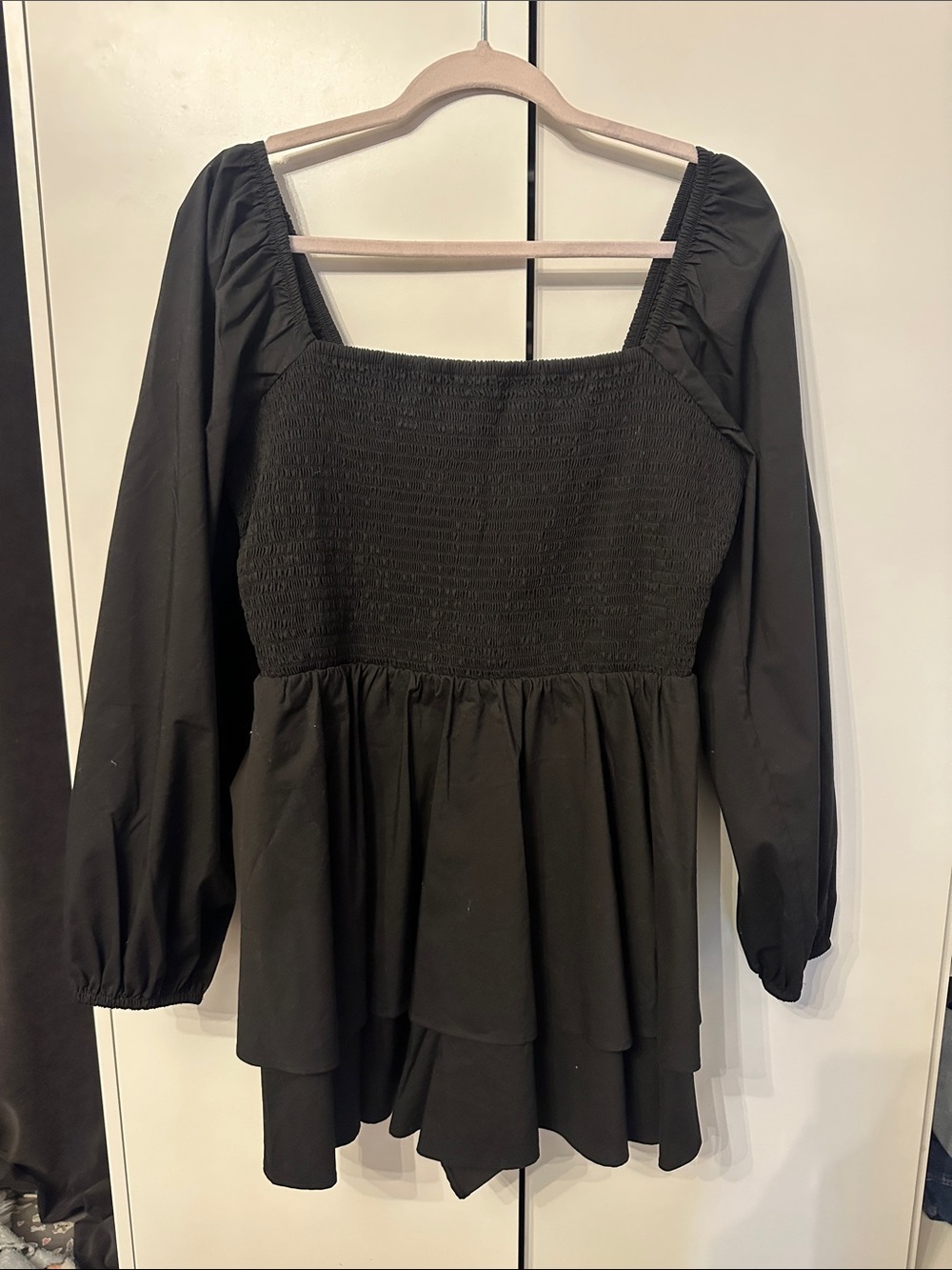 Express Black Smocked Long-Sleeve Peplum Dress
